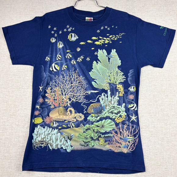 Fruit of the Loom Other - Vintage 2002 Ocean Journey Coral Reef Fish All Over Print T-Shirt Navy Blue M